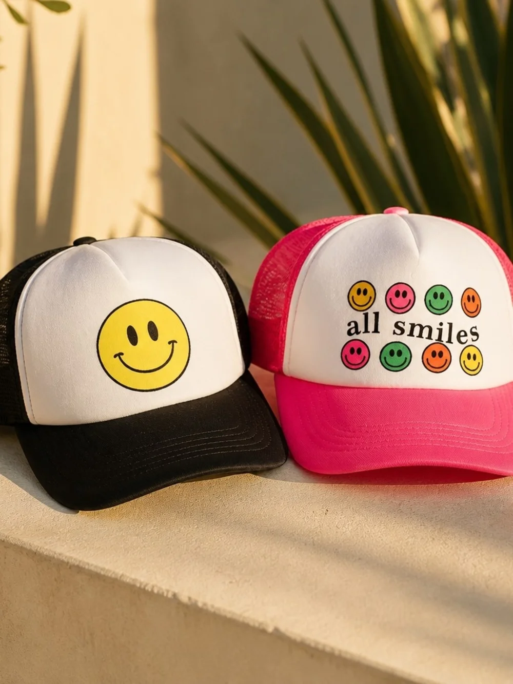 Smiley Graphic Trucker Hats - Black/White & Hot Pink/White